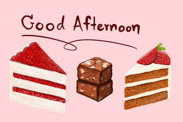 hand draw set of a piece of cake and brownie