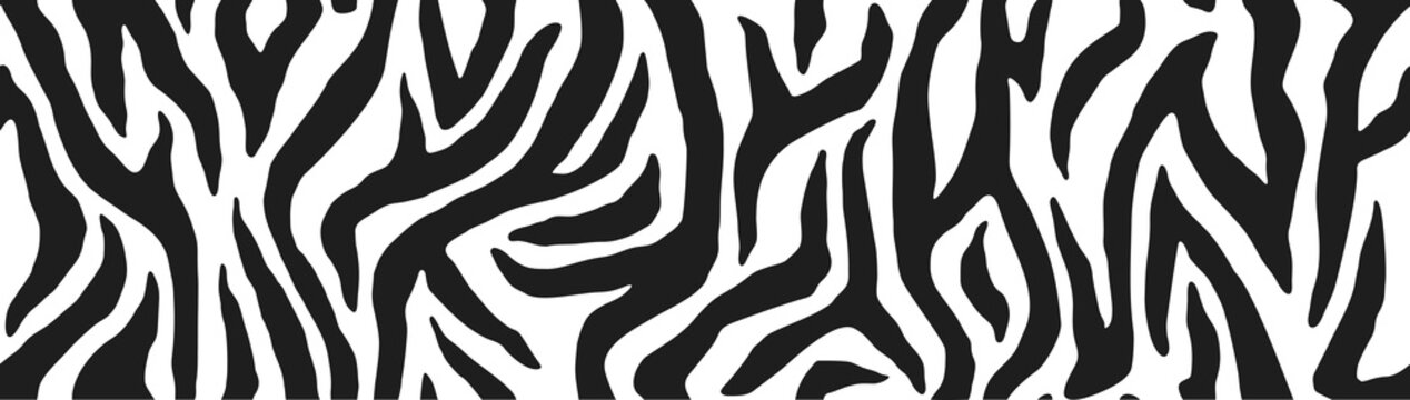 Zebra skin, stripes pattern. Animal print, black and white detailed and realistic texture. Monochrome seamless background. Vector illustration 