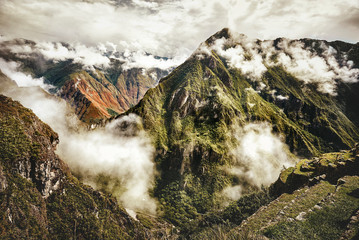 View of the ancient Inca City of Machu Picchu. The 15-th century Inca site.'Lost city of the Incas'. Ruins of the Machu Picchu sanctuary. UNESCO World Heritage site.