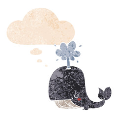 cartoon whale and thought bubble in retro textured style