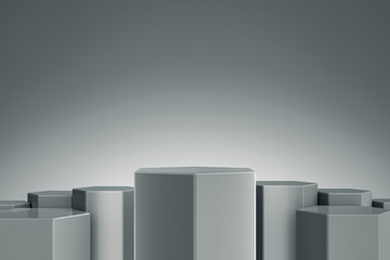 Elegant Hexagon Blank product stand. Platform for design. Pedestal for display. Futuristic concept background. 3D rendering