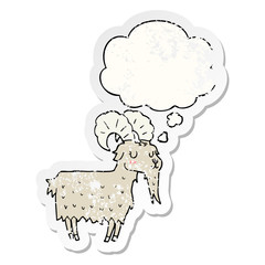 cartoon goat and thought bubble as a distressed worn sticker