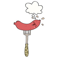 cartoon happy sausage on fork and thought bubble