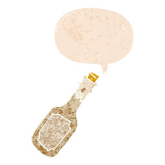 cartoon beer bottle and speech bubble in retro textured style