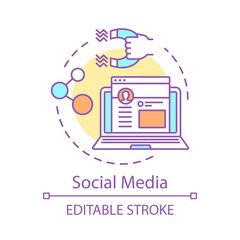 Obraz premium Social media concept icon. People connecting and sharing posts, liking idea thin line illustration. Social network, communication. SMM, customer attraction vector isolated drawing. Editable stroke
