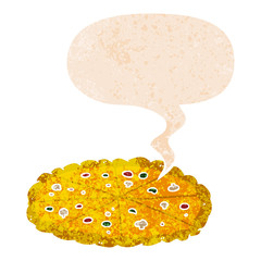 cartoon pizza and speech bubble in retro textured style