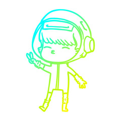 cold gradient line drawing cartoon spacegirl making peace sign