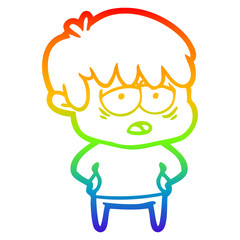 rainbow gradient line drawing cartoon exhausted boy