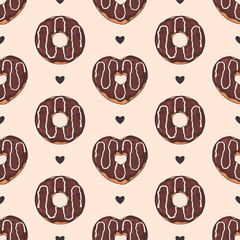 Vector seamless pattern. Glazed donuts decorated with toppings, chocolate, nuts.