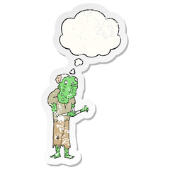 cartoon zombie and thought bubble as a distressed worn sticker