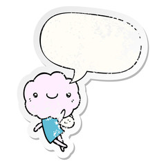 cute cloud head creature and speech bubble distressed sticker