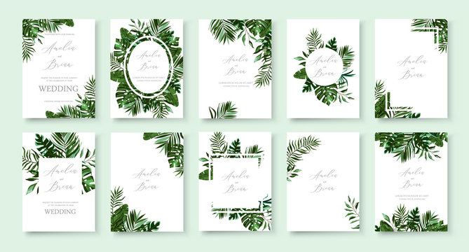 Set Of Wedding Invitation With Greenery Tropic Exotic Summer Card