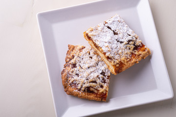 Two pieces of homemade cookies apricot jam powdered sugar in white square plate