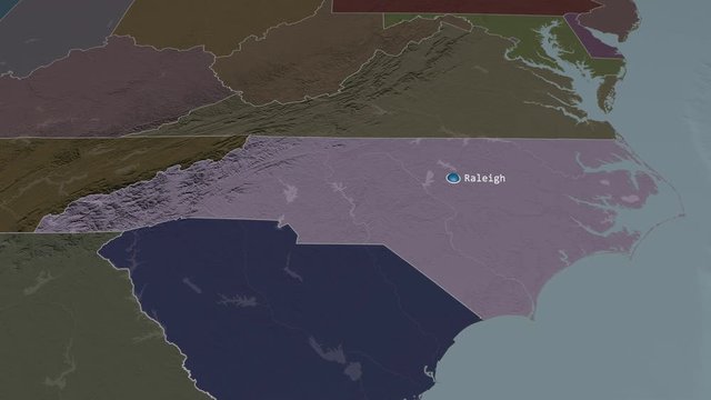 North Carolina - state of the United States zoomed on the administrative map of the globe. Animation 3D