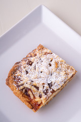 One single pieces of homemade cookies apricot jam powdered sugar in white square plate