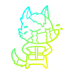 cold gradient line drawing cartoon crying wolf with christmas present