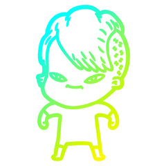 cold gradient line drawing cute cartoon girl with hipster haircut