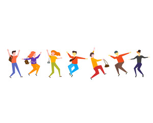 Fototapeta na wymiar Laughing joyful young people jumping vector illustration on white background. Colorful positive young guys and girls with raised hands enjoying in flat cartoon style drawing. Happy men and woman set.