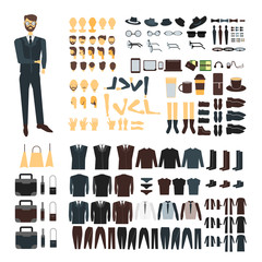 Businessman character with suits set. Body parts collection, stylish clothes, accessories, faces. Front and back views of heads, faces. Set of elegant man elements. Vector illustration.