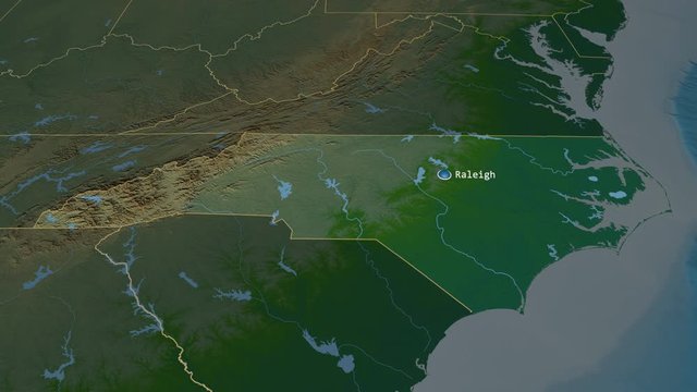 North Carolina - state of the United States zoomed on the physical map of the globe. Animation 3D