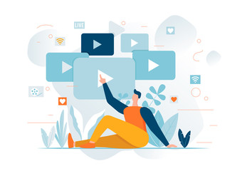 Man watching Online cinema Cartoon character. Streaming video social media concept. Play button, choosing content. Lifestyle minimalistic banner with tropical plants.