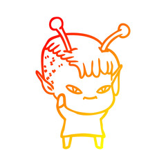 warm gradient line drawing cute cartoon alien girl