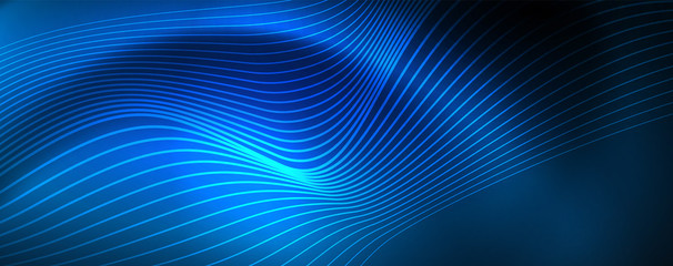 Smooth wave lines on blue neon color light background. Glowing abstract wave on dark, shiny motion, magic space light