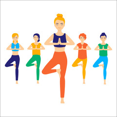 Cute funny women practicing yoga together, cartoon stile. Group performing gymnastic exercise. Aerobics class, training, sports activity. Colorful vector illustration