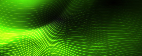 Smoky glowing waves in the dark. Dark abstract background with neon color light and wavy lines. Vector