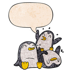 cartoon happy penguins and speech bubble in retro texture style