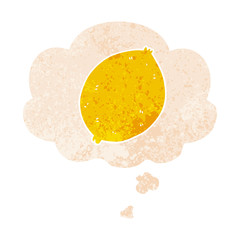 cartoon lemon and thought bubble in retro textured style
