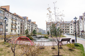 Russia, Novosibirsk - 15 May, 2019: Russian courtyards. buildings, house architecture, exterior....