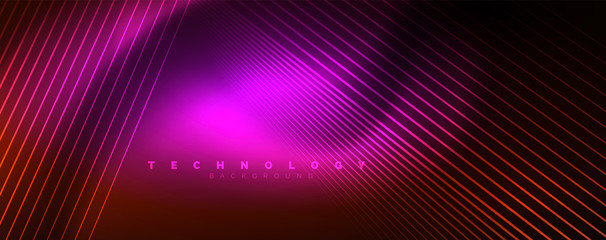 Shiny color neon light with lines, abstract wallpaper, shiny motion, magic space light. Techno abstract background