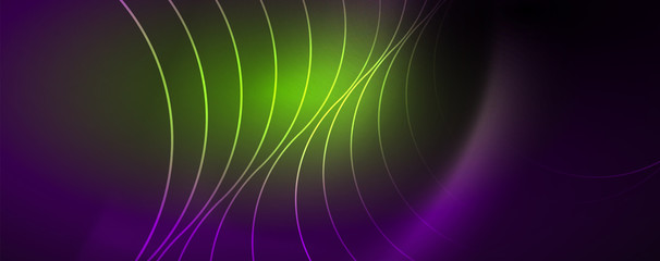 Shiny neon lights, dark abstract background with blurred magic neon light curved lines