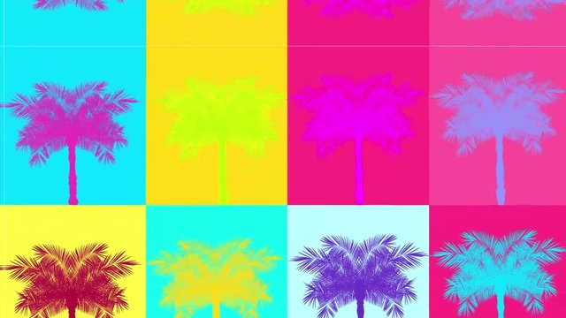 90's and 80`s style vector animation. Colorful pop art background video. Vector illustration retro background palm tree. stock footage