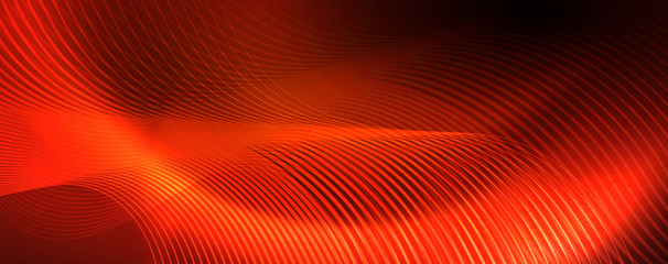 Bright neon circles and wave lines, glowing shiny background design template, digital techno concept.