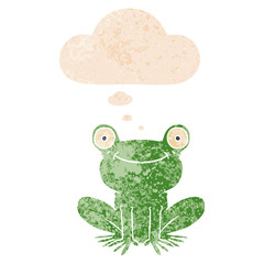 cartoon frog and thought bubble in retro textured style