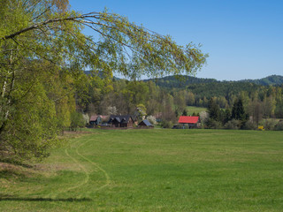 Spring landscape with view on village Marenice in Lusitian mountains with traditional wooden cottage and lush green grass meadow, birch deciduous and spruce tree forest and hills, blue sky background