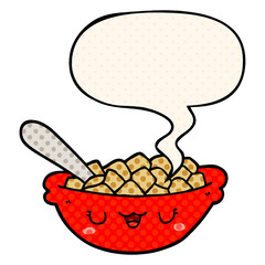 cute cartoon bowl of cereal and speech bubble in comic book style