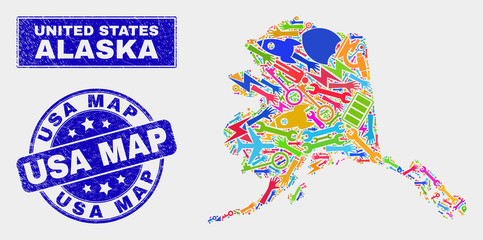 Mosaic tools Alaska map and USA Map seal stamp. Alaska map collage formed with scattered colored tools, palms, industry symbols. Blue rounded USA Map seal stamp with scratched texture.