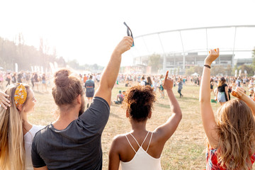 Group of friends going to summer music festival