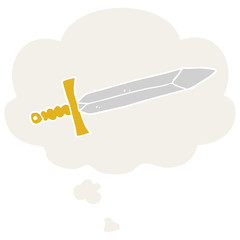 cartoon sword and thought bubble in retro style