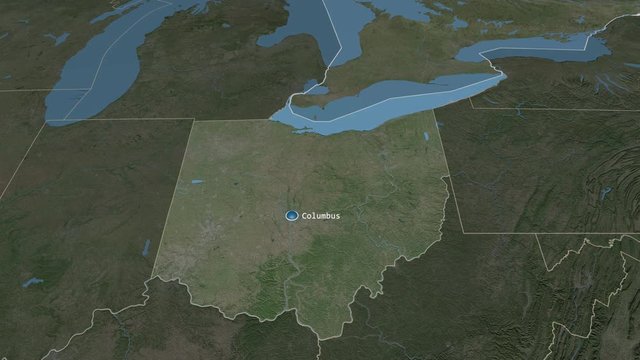 Ohio - state of the United States zoomed on the satellite map of the globe. Animation 3D