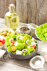 Green salad with feta cheese. Close up