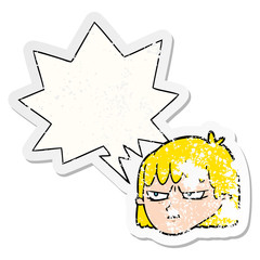cartoon angry woman and speech bubble distressed sticker