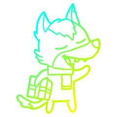 cold gradient line drawing cartoon wolf with christmas present laughing