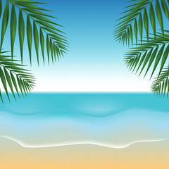 Fototapeta na wymiar Summer tropical background with palm leaves and seacoast. Vector illustration.