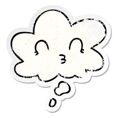 happy cartoon face and thought bubble as a distressed worn sticker