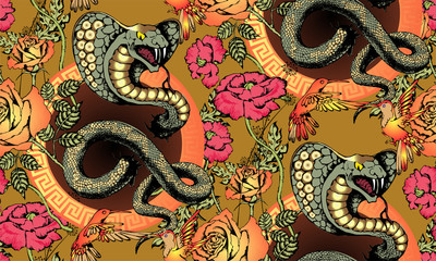 Pattern of cobra and flowers.  Suitable for fabric, wrapping paper and the like. Vector illustration