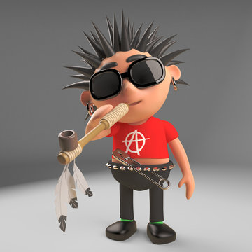 Adventurous punk rock character smokes a Native American Indian peace pipe, 3d illustration